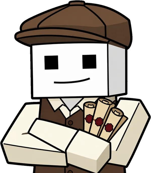 Tony in a flat cap holding scrolls